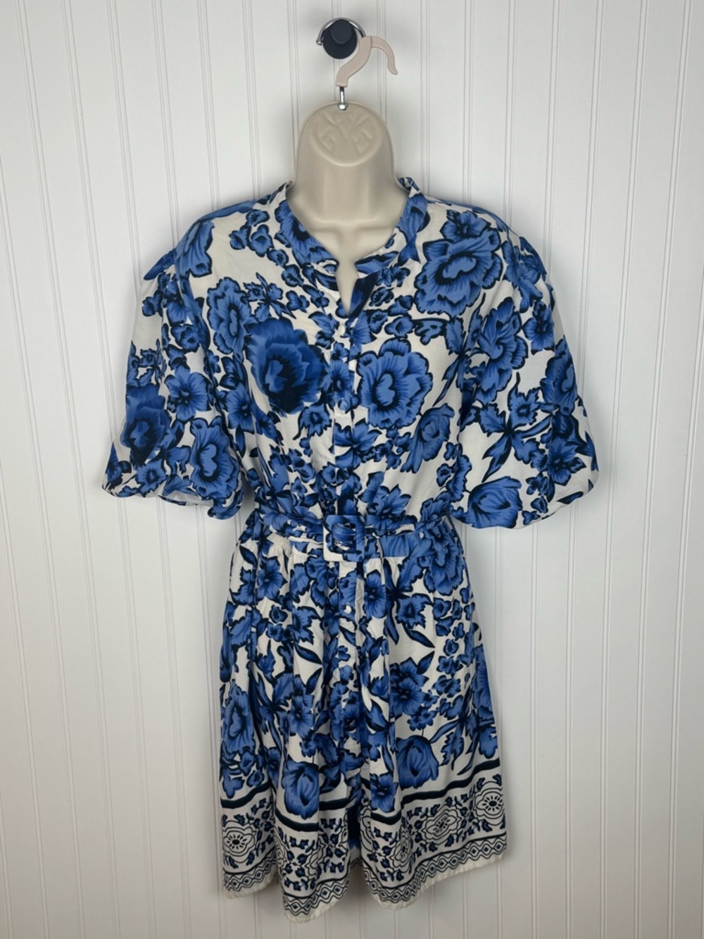 Plus Size 1X Blue White Floral Mini Dress Boho Belted Summer